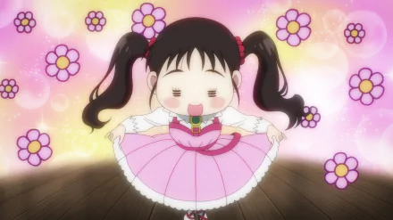 This HD desktop wallpaper from Rising Impact features an adorable anime character in a pink dress and pigtails, surrounded by a colorful background with cheerful flowers.