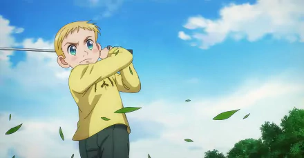 HD desktop wallpaper featuring an anime character from Rising Impact, showcasing a determined young boy swinging a golf club against a vibrant blue sky with clouds and leaves flying around.