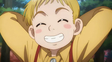 HD desktop wallpaper featuring a cheerful character from the anime Rising Impact, smiling brightly with arms stretched behind their head, set against a colorful outdoor background.