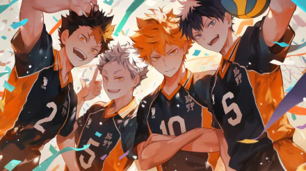 HD desktop wallpaper featuring Haikyū!! characters Shōyō Hinata, Tobio Kageyama, and Yū Nishinoya in their volleyball uniforms, celebrating excitedly with confetti in the background.