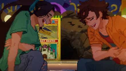 Pixel art characters laughing in front of a park attraction in the video game 'Until Then'. This HD desktop wallpaper and background captures a vibrant, joyful moment.