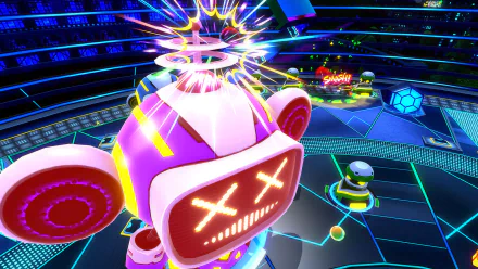 HD desktop wallpaper featuring a vibrant scene from the video game Super Monkey Ball Banana Rumble, showcasing an electrified robotic character with X-shaped eyes in a colorful, futuristic arena.