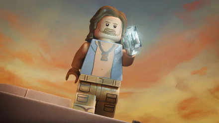 A character from LEGO Star Wars: Rebuild the Galaxy stands against a vibrant sunset sky, holding a glowing object. This HD desktop wallpaper captures an adventurous scene from the TV show.
