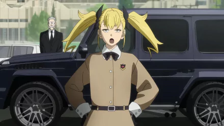 HD desktop wallpaper featuring Kikoru Shinomiya from the anime Kaiju No. 8, standing confidently in front of a black SUV with a serious expression.