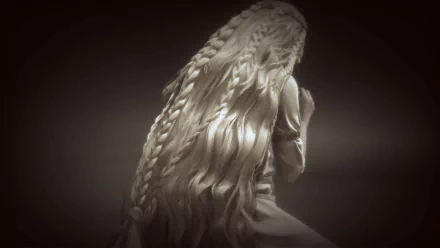 HD desktop wallpaper of Miquella of the Haligtree from Elden Ring: Shadow of the Erdtree, featuring a detailed, sepia-toned image with intricate braids.