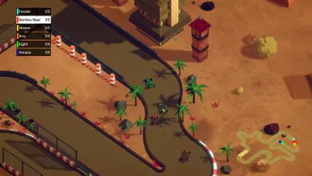 HD desktop wallpaper featuring a racing scene from the video game NeoSprint, with karts on a desert track surrounded by palm trees and barriers.
