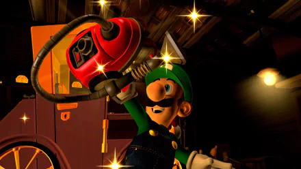 A HD desktop wallpaper and background featuring Luigi from Luigi's Mansion 2, holding a bright red vacuum cleaner amidst sparkling lights in a dimly lit room.