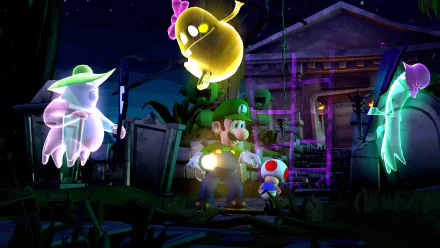 HD desktop wallpaper of Luigi's Mansion 2 featuring Luigi with a flashlight and Toad among colorful ghosts in front of a haunted mansion at night.