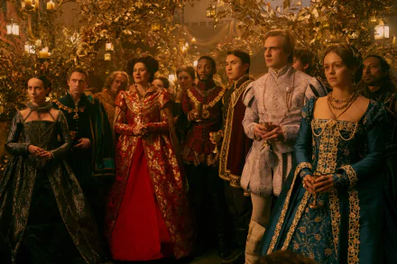 HD desktop wallpaper from the movie My Lady Jane featuring a group of characters in ornate, historical costumes at a lavish gathering.