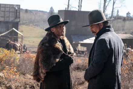 Two men in historical attire converse in a rustic setting. This HD desktop wallpaper and background is from the movie Horizon: An American Saga - Chapter 1.