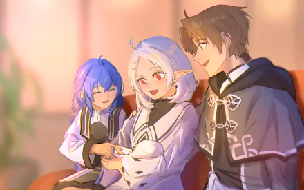 Anime wallpaper featuring Sylphiette, Roxy Migurdia, and Rudeus Greyrat from Mushoku Tensei: Jobless Reincarnation in a warm, softly lit setting.