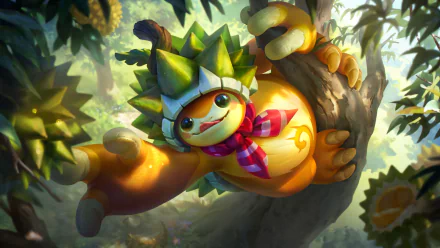 HD desktop wallpaper featuring Rammus from League of Legends, animated with vibrant colors climbing a tree in a lush, sunlit forest.