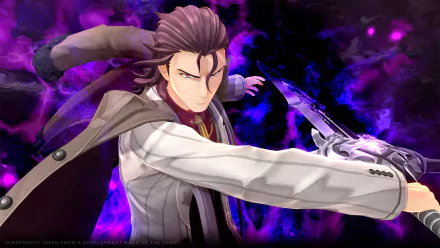 HD desktop wallpaper showcasing a character from the video game The Legend of Heroes: Trails through Daybreak, featuring a dynamic pose with dark, mystical energy in the background.