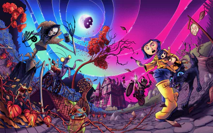 8K Ultra HD Coraline PC desktop wallpaper featuring Coraline facing surreal, eerie creatures in a vibrant, fantastical landscape illuminated by a glowing blue moon.