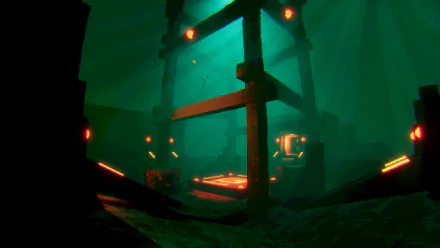 HD desktop wallpaper featuring a scene from the video game Murky Divers, showcasing an illuminated underwater structure amidst an eerie, dark green backdrop.