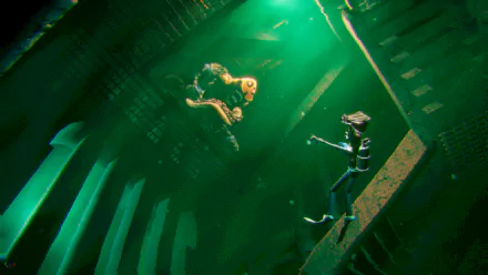 HD wallpaper featuring a scene from the video game 'Murky Divers,' showing two divers underwater, surrounded by eerie green light.