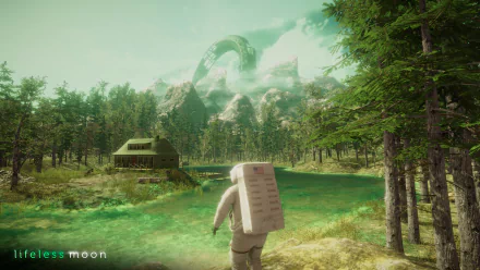 HD wallpaper of the video game Lifeless Moon depicting a tranquil forest scene with an astronaut near a river and a cabin, and a mysterious mountain structure in the background.
