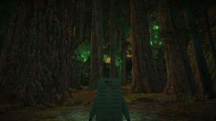 HD wallpaper and background from the video game Lifeless Moon, depicting a mysterious forest scene with tall trees and glowing green lights.