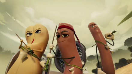 HD desktop wallpaper of Sausage Party: Foodtopia, featuring animated food characters in a dramatic stance against a cloudy sky background.