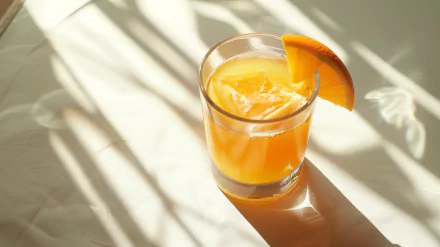 A high-definition desktop wallpaper featuring a glass of juice with ice cubes and a slice of orange, casting shadows on a sunlit surface.