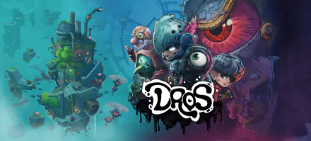 HD desktop wallpaper and background from the video game DROS, featuring vibrant and colorful characters with a steampunk aesthetic and a large eye in the background.
