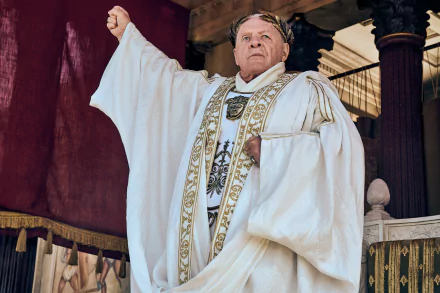 Anthony Hopkins in character from the TV show Those About to Die, dressed in elaborate ancient attire, arm raised, set as an HD desktop wallpaper and background.