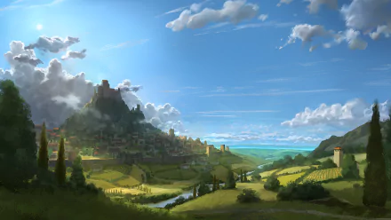 HD desktop wallpaper of a picturesque landscape from the video game We Who Are About To Die, featuring a vibrant countryside, a river, and a castle-topped hill under a bright blue sky with scattered clouds.