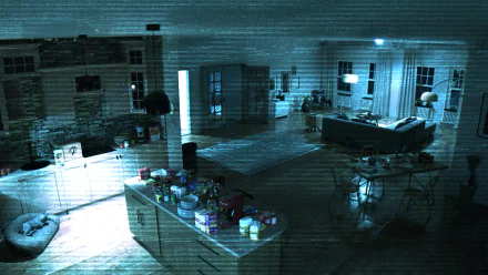 A dimly lit, eerie living room and kitchen area from the video game Supernatural (2024), depicted through a grainy, blue-tinted surveillance view. This HD desktop wallpaper and background evokes a sense of suspense.