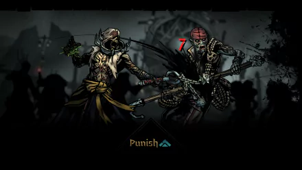 HD desktop wallpaper and background featuring a battle scene from the video game Darkest Dungeon II, showcasing two characters engaged in a dark, ominous fight with the word Punish displayed below.