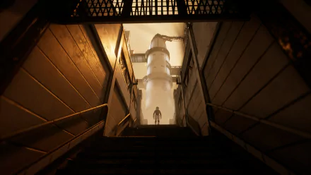 HD desktop wallpaper of Deliver Us The Moon video game, featuring a lone figure standing in a dimly lit, industrial-looking corridor with a large cylindrical structure in the background.
