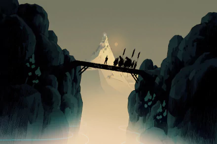 HD desktop wallpaper of the video game Cataclismo featuring a dramatic scene of a character leading a group across a bridge with a distant mountain in the background.