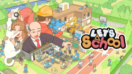 HD desktop wallpaper featuring an illustration from the video game Let's School, depicting various characters and school activities with classrooms, playgrounds, and school buildings in a vibrant, animated style.