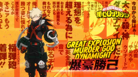 HD anime wallpaper of Katsuki Bakugou from My Hero Academia, featuring bold orange tones and dynamic text highlighting his explosive power and hero nickname.