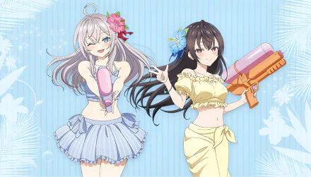 Anime HD desktop wallpaper featuring Alisa Mikhailovna Kujou and Yuki Suou from Alya Sometimes Hides Her Feelings, set against a soft blue background with floral accents.