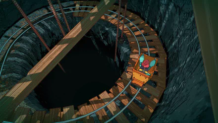 HD desktop wallpaper from the video game Dungeons of Hinterberg showing a character riding a wooden mine cart on a spiral track above a deep, dark pit.