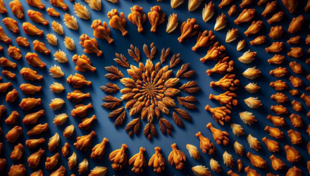 HD desktop wallpaper featuring a beautifully arranged spiral pattern of crispy golden chicken wings on a dark blue background.