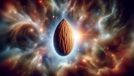 An HD desktop wallpaper featuring an almond, floating in a vibrant, cosmic background with swirling nebulae and stars.