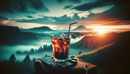 HD desktop wallpaper featuring a cold brew coffee with ice on a table, set against a scenic mountain landscape at sunrise.