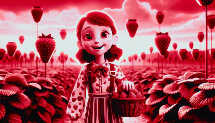 An animated girl with freckles, wearing a dress, smiles while holding a basket of strawberries in a vibrant strawberry field. HD desktop wallpaper and background.