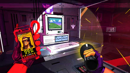 HD desktop wallpaper of Mullet MadJack video game, featuring a character holding a futuristic device with 99% charge, pointing a flashlight at a retro computer setup in a vibrant, neon-lit environment.