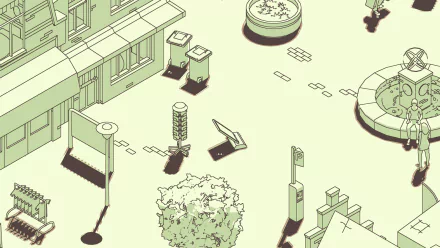 HD desktop wallpaper and background featuring a minimalist, isometric design inspired by the video game SCHiM, showcasing an urban scene with buildings, trees, and detailed street elements.
