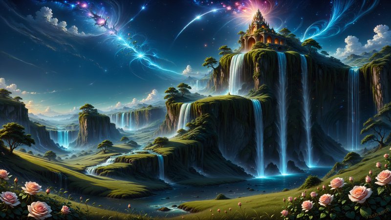 {{ A majestic fantasy landscape with a cascading waterfall, lush nature, and castle, ideal for a HD desktop wallpaper. 