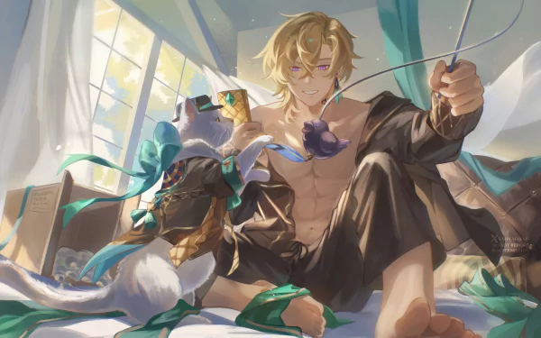 HD wallpaper from the video game Honkai: Star Rail featuring Aventurine, a character lounging casually with a fishing rod, surrounded by books and bathed in soft light filtering through a window.