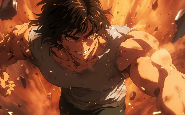 HD desktop wallpaper of Baki Hanma, a character from the anime Baki, showing an intense action scene with the character in the foreground and an explosive orange background, conveying a sense of dynamic movement and power.