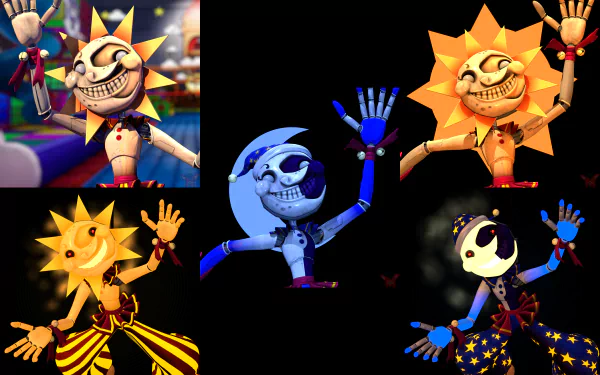 8K Ultra HD wallpaper featuring Sunman and Moonman characters from Five Nights at Freddy's: Security Breach in vibrant, detailed video game art style.