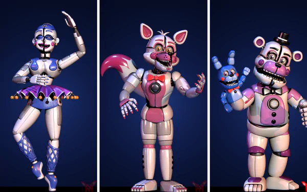 8K Ultra HD wallpaper featuring Ennard, Funtime Freddy, and other animatronics from Five Nights at Freddy's: Sister Location against a dark background.