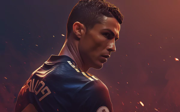HD desktop wallpaper featuring a stylized portrayal of a soccer player in action, set against a dynamic, fiery background.