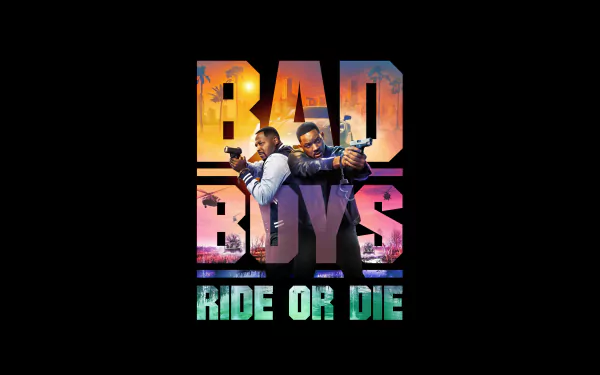 HD desktop wallpaper featuring the title Bad Boys: Ride or Die with stylized images of two lead characters in action poses against a vibrant, colorful background.