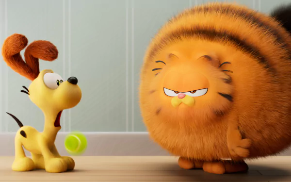HD wallpaper featuring Garfield and Odie from The Garfield Movie, with Garfield looking unamused and Odie holding a tennis ball.