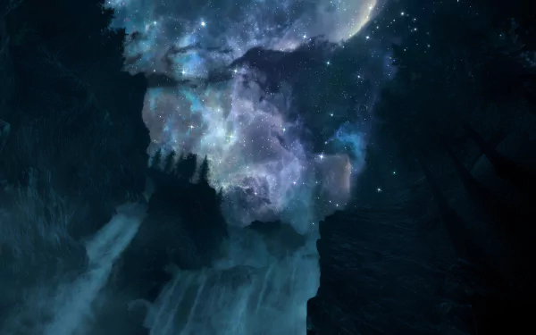 HD desktop wallpaper from The Elder Scrolls V: Skyrim featuring a stunning starry sky over a mountainous landscape.